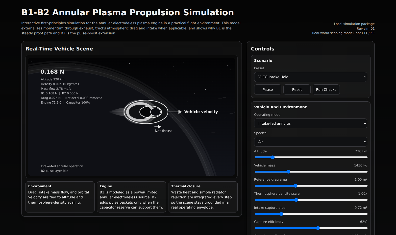 B1-B2 Annular Plasma Propulsion Simulation showing a real-time vehicle scene and interactive controls.