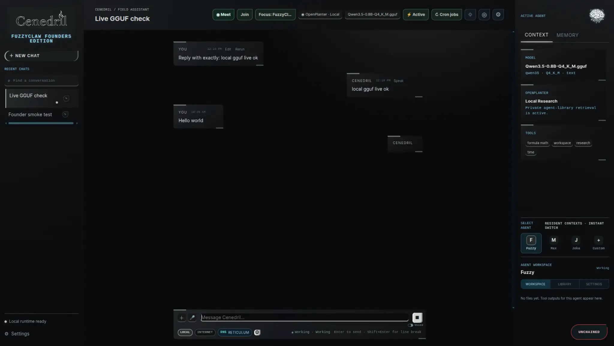 FuzzyClaw Reticulated local AI workspace with model, data, collection, and access controls.